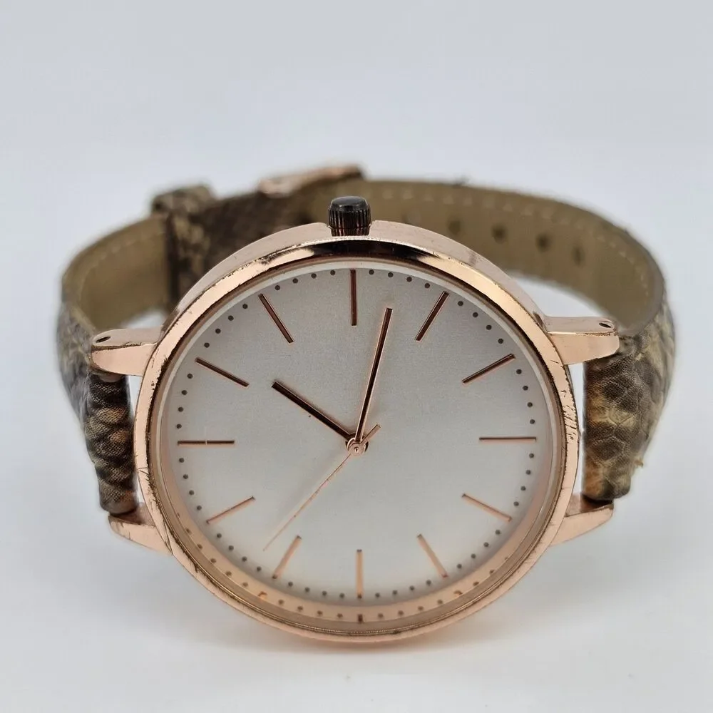 38MM Women's Watch Light Gold Dial Snake Faux Leather Bands New Battery‎